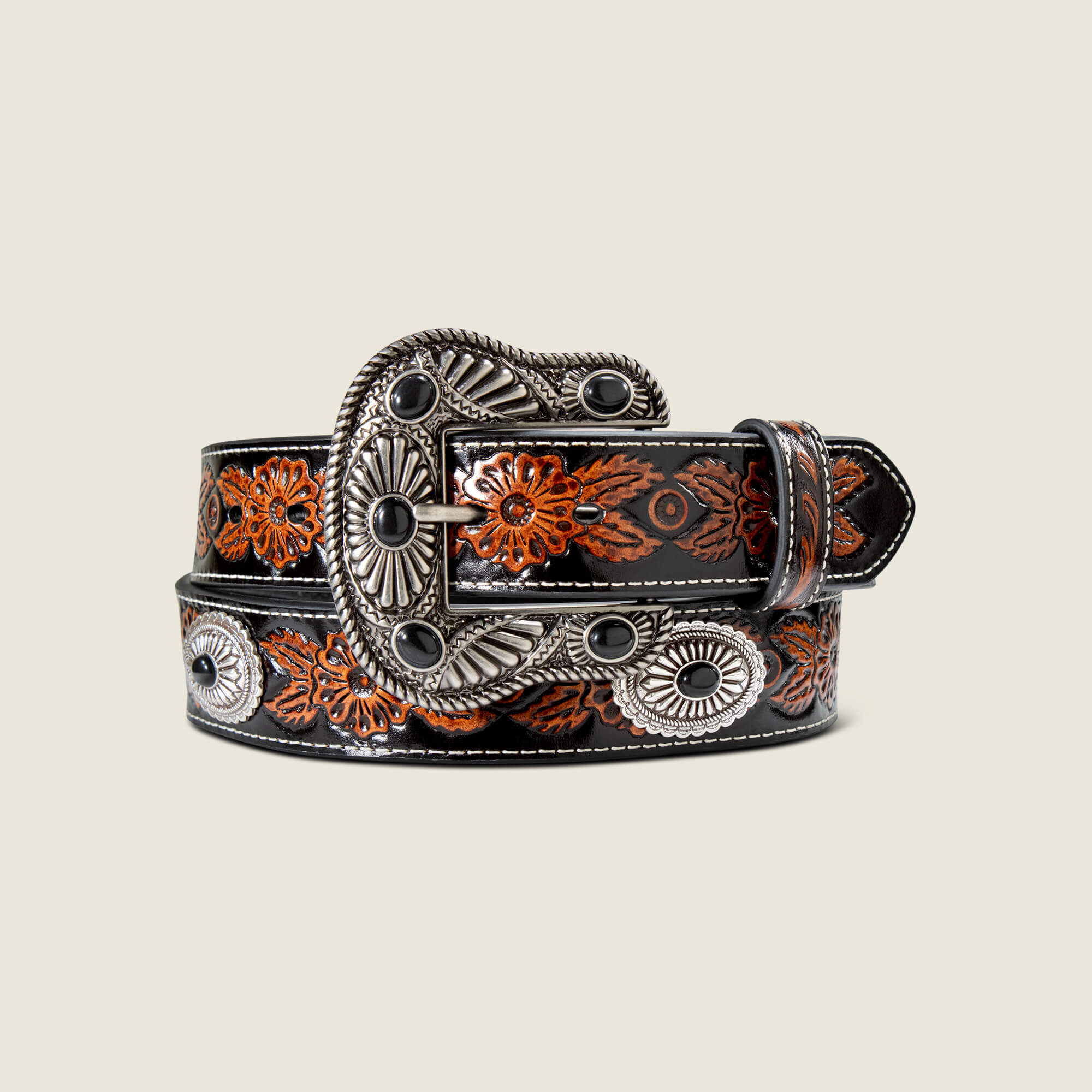 Floral Embossed Belt with Black Stone Conch Belt